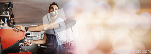 Image of Small business, barista and coffee shop owner in mockup, man with confident smile in restaurant startup. Success, happy manager or cafe employee with bokeh, apron and espresso machine in service.