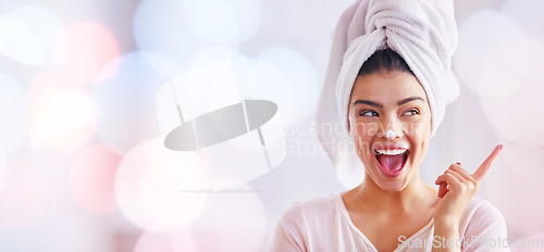 Image of Woman, face lotion and mockup banner, bokeh background and advertising skincare product for wellness. Happy female, towel and facial cream for aesthetic makeup, beauty or salon smile on mock up space
