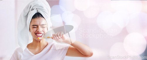 Image of Woman, brushing teeth and smile by copy space mockup, bokeh and happiness for dental wellness. Gen z girl, toothbrush and mock up for happiness, start morning and healthy mouth in bathroom