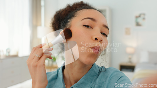 Image of Makeup, video and face of woman in her home for social media, content creation or online blog review of product, cosmetics and beauty. Gen z influencer, filming cosmetic brush or live streaming tips