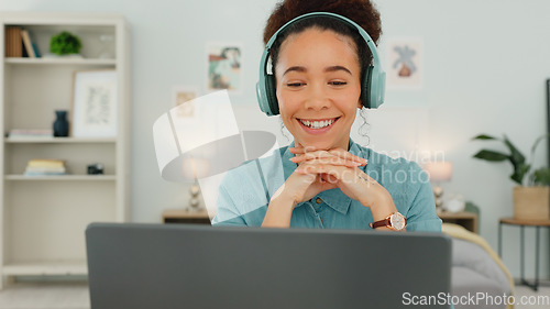 Image of Video call, laptop and wave, black woman with headphones and smile talking online in office. Technology, communication and connection for webinar, advice and networking for freelance advisory job.