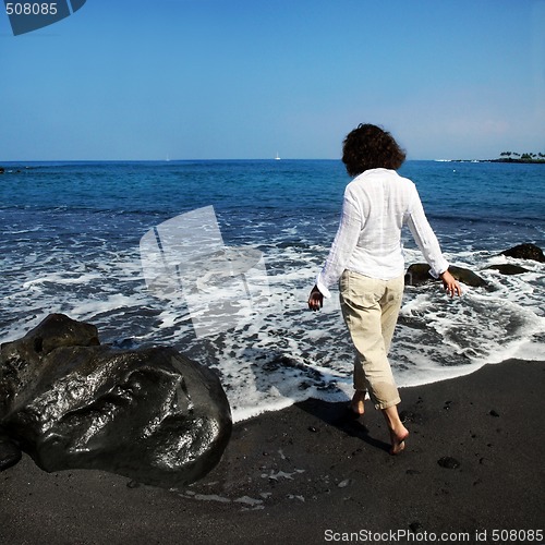 Image of Woman on black sand beach 