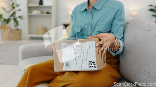 Image of House, ecommerce or black woman with a box from delivery after online shopping for clothes or fashion. Smile, shipping or happy girl excited with cargo, gift or e commerce product in New York, USA