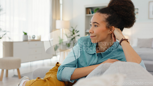 Image of Black woman, relaxing by home office in morning start for freelancing business at home. African American female freelancer relaxing in the bedroom with positive mindset with freedom.