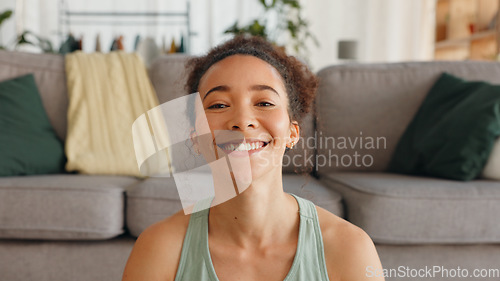 Image of Happy, meditation breathing and face of a woman with peace, relax and zen smile in a house for balance. Wellness, mind and portrait of a girl with spiritual faith and calm during mindset exercise