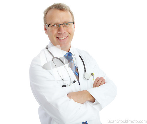 Image of Portrait, doctor and man with arms crossed in studio isolated on a white background. Face, healthcare wellness and smile of happy, confident and mature male medical worker or physician from Canada.