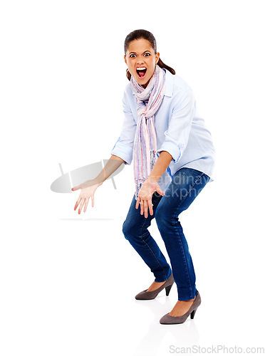 Image of Angry, scream and portrait of a woman with stress screaming about work isolated. White background, model hands and employee frustrated and standing with anger gesture and studio mockup