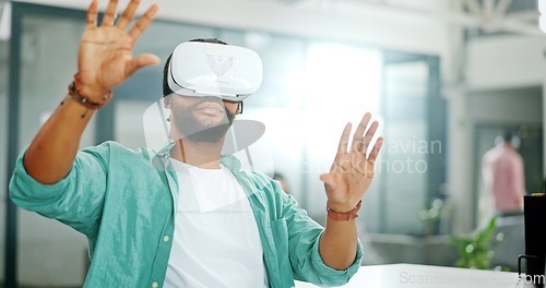 Image of Virtual reality, cyber vr metaverse and black man work on futuristic dashboard, augmented reality or ai software. Digital transformation, headset and creative graphic designer with future simulation