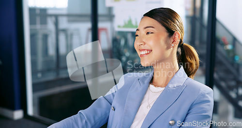 Image of Business woman, happy and smile with success, target goal reach and job satisfaction, professional and bonus at Seoul office. Asian worker, happiness and excited, content and pride in work and career