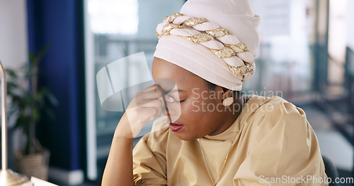 Image of Headache, stress and black woman with burnout, anxiety and pain from working overtime on computer. Tired, sick and frustrated worker with crisis, poor mental health and tax audit at desktop in office