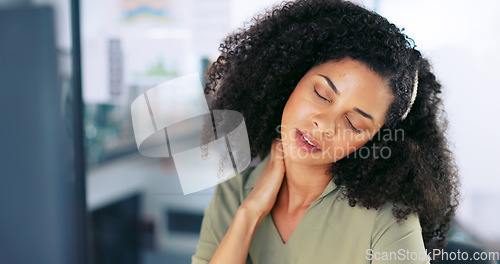 Image of Black woman, neck pain and burnout from business stress while at office desk for massage to relief pain, fatigue and tired body. Female entrepreneur stretching for muscle discomfort or health problem
