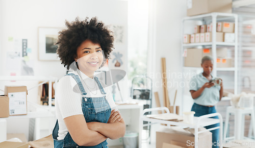 Image of Employee portrait, happy business and black woman with smile at startup advertising company with mock up. Face of African worker, designer or girl working in marketing office with mockup space