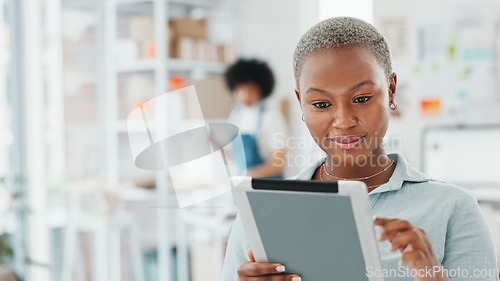 Image of Woman entrepreneur, small business and tablet logistics planning for online customer orders, ecommerce management and supply chain shipping. Black female manager, digital inventory and startup store