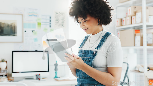 Image of Delivery, ecommerce and tablet with woman in warehouse with business checklist for logistics, online shopping and storage inventory. Shipping, cargo and supply chain with employee in store factory