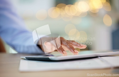 Image of Black woman, fingers or tablet of financial business growth, savings data analytics or investment research management. Zoom, worker or employee hands on technology for finance budget review or future