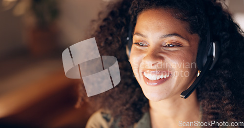 Image of Black woman, customer support service with a smile and employee at online call center or virtual telemarketing business. Crm consultant at work, helping a faq caller and respond to contact us message