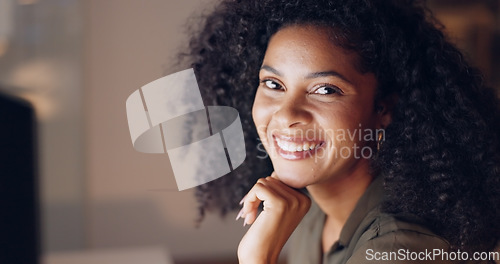 Image of Night office computer, portrait and black woman face working, planning and marketing strategy in creative startup agency in Brazil. Smile, motivation and success of happy entrepreneur dark pc company