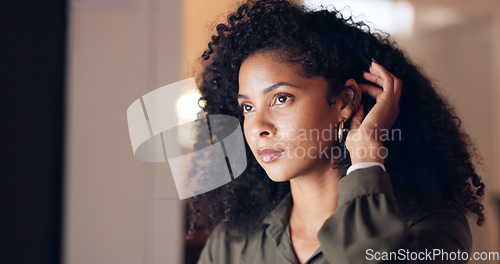 Image of Black woman, working and business, focus and plan, work and construct corporate document in office. Young professional at desk, businesswoman and computer, connect and success with productivity.