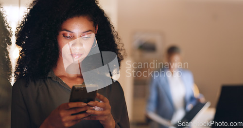 Image of Business, phone or black woman working at night with communication, networking or technology for social media app. Employee, worker or manager on smartphone for social network, research or email send