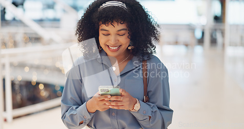 Image of Phone, smile and black woman in a shopping mall reading social media, web and mobile internet text. Happy online communication, online shopping and mobile phone webpage sale of a woman on a app