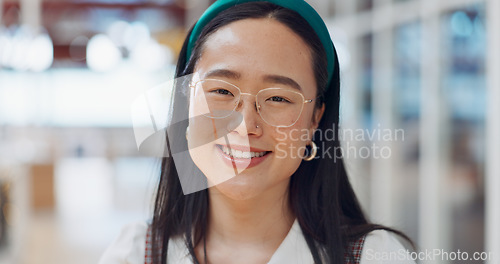 Image of Shopping, mall and face of Asian customer in retail building for discount product, luxury present gift or promotion choice. B2c Commerce, Tokyo Japan and portrait woman at market store for sales deal