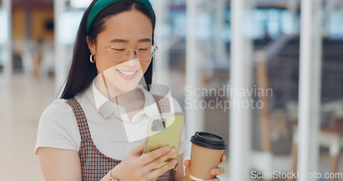 Image of Digital marketing woman, smile and phone in workplace, social network or chat at communication startup. Asian corporate executive, smartphone or happy for app, web or social media marketing in Tokyo