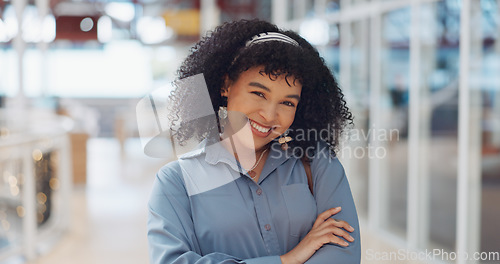 Image of Business woman, hair and portrait of a happy creative employee confident arms folded ready for working. Happiness, black woman and digital marketing worker in a office in the morning smile from web d