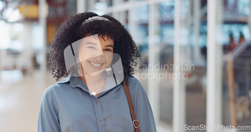 Image of Business woman, hair and portrait of a happy shy creative employee ready for working. Happiness, black woman and digital marketing worker in a office in the morning smile from web design work