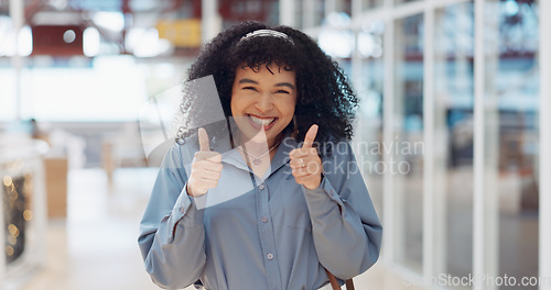Image of Business, office and happy black woman with thumbs up for corporate motivation, company mission success and career achievement. Yes, like and portrait of excited African employee with emoji hand sign