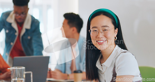 Image of Face, business and Asian woman in meeting, thinking and happy with notes for startup company. Japan, ceo and creative leader with conversation, manager and leadership for planning, smile or workplace