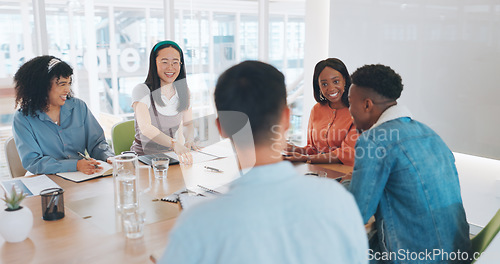 Image of Diversity, business people and happy meeting for marketing teamwork, planning strategy and creative collaboration in office. Interracial team, employee management and creative group discussion