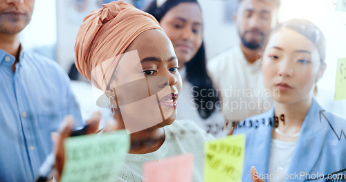 Image of Meeting, project management and business people with sticky note planning, training and schedule strategy. Solution, coaching and black woman talking to employees about idea, company goal and vision