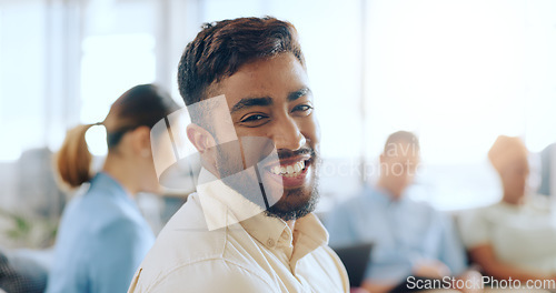 Image of Happy man, portrait and business meeting with team, employees and staff in office for workshop, teamwork and startup success. Smile, motivation and laughing young worker excited for collaboration