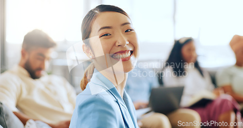 Image of Corporate woman, asian and face at business meeting with smile, happiness and success with team in office. Happy finance expert, business people and portrait for vision, teamwork or goals in New York