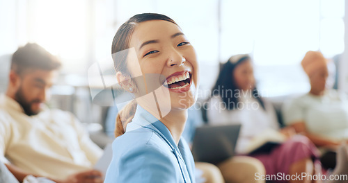 Image of Asian business woman, face and coworking space with digital marketing team, advertising people or branding men and women. Portrait, smile and happy creative designer in modern office with innovation