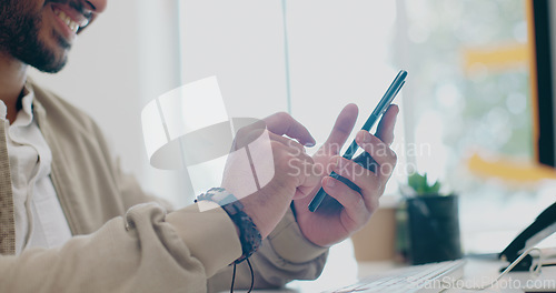 Image of Creative businessman, hands and phone in zoom for social media, communication or browsing at office desk. Happy male employee typing in online search and smile for text, post or startup on smartphone