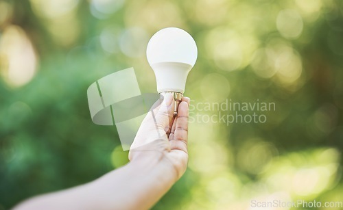 Image of Nature, renewable energy and eco friendly lightbulb in garden and innovation, saving the planet and environment. Recycle, green lamp and sustainability in electricity idea with bokeh and light power.