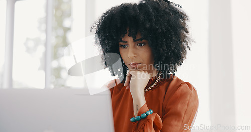 Image of Business, thinking and black woman in office with laptop working on report, online project and research. Vision, ideas and female worker with computer at desk brainstorming, planning and strategy