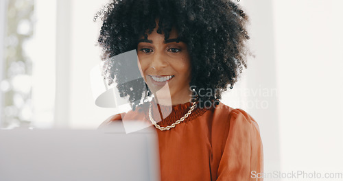 Image of Laptop, thinking and report with a business black woman sitting at a desk with her hands on her chin. Idea, planning and agenda with a female employee typing on a computer in her office at work