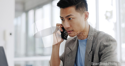 Image of Phone call, email and Asian man planning on a laptop, financial communication and accounting discussion on a phone. Strategy, conversation and accountant reading on a pc while speaking on a mobile