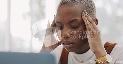 Image of Stress, burnout and headache of black woman on laptop typing email in office at marketing company. Anxiety, tired and migraine of employee frustrated thinking of professional online response.