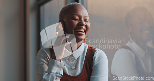 Image of Phone call, communication and black woman laughing in office. Business, cellphone and happy female employee speaking, chatting and networking with comic, comedy or funny contact in company workplace.