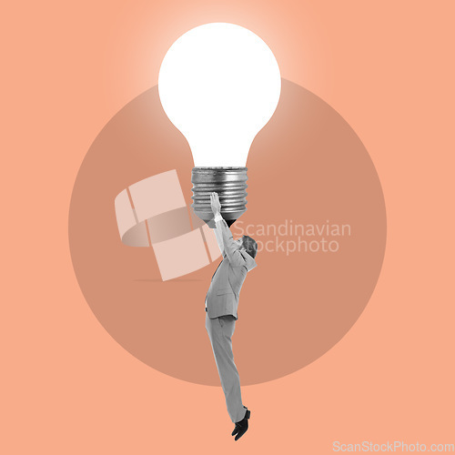 Image of Businessman, icon and hang on idea lightbulb for stress, tired or brainstorming for solution to falling stock market. Animation, ideas and knowledge in leadership, mission or goals at finance company