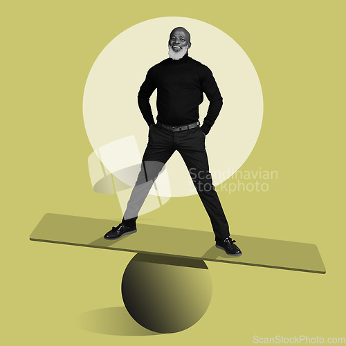Image of Portrait, creative and balance with a black man in studio on a yellow background for abstract art. 3D, scale or illustration with a senior male standing on a balancing board and ball for artwork