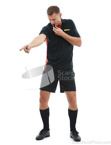 Image of Sports, whistle and male referee in a studio pointing for a soccer game or exercise training. Fitness, professional and full body of a man coach coaching a football match isolated by white background