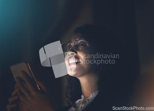 Image of Looking, search and woman with phone at night for communication, chat and gps app in city. Connection, location and worker thinking with a mobile for travel, conversation and call in dark in Spain