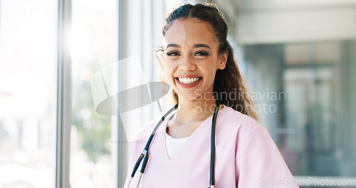 Image of Laughing woman, face and pediatrician nurse with hospital ideas, life insurance vision or trust help. Happy, smile or portrait of medical healthcare worker with childcare wellness goals or motivation