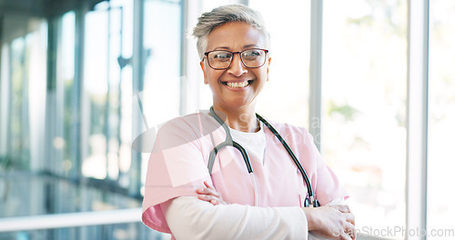 Image of Laughing healthcare worker, face or arms crossed nurse with pediatric hospital ideas or life insurance vision. Mature portrait, happy smile or medical woman with medical wellness goals or motivation