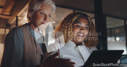 Image of Business women, mentor and collaboration with advice, executive and employee working together with tablet. Communication, agreement and partnership with team and face zoom, discussion and technology.