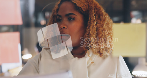 Image of Corporate black woman, board and sticky note in planning, vision or marketing strategy at night. Woman, documents or glass for brainstorming, target or ideas for digital marketing, advertising or seo